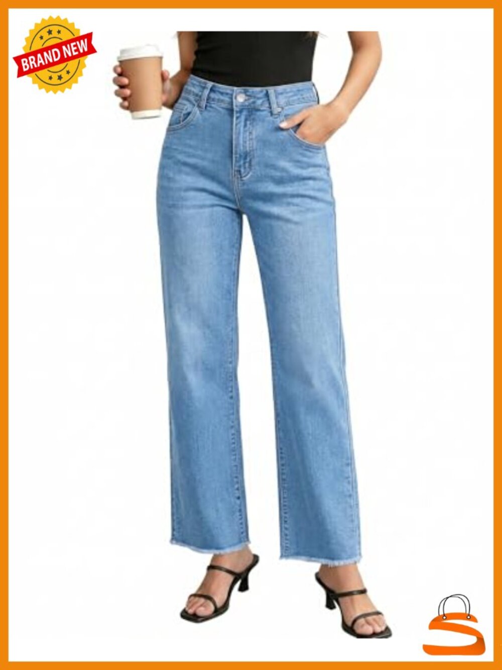 High Waisted Straight Leg Jeans Frayed Raw Hem Stretchy Denim Pants